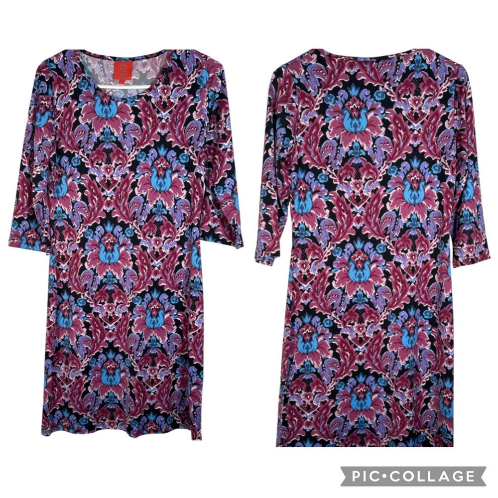 Tracy Negoshian Danielle Dress Watercolor Floral Purple Blue 3/4 Sleeve Small